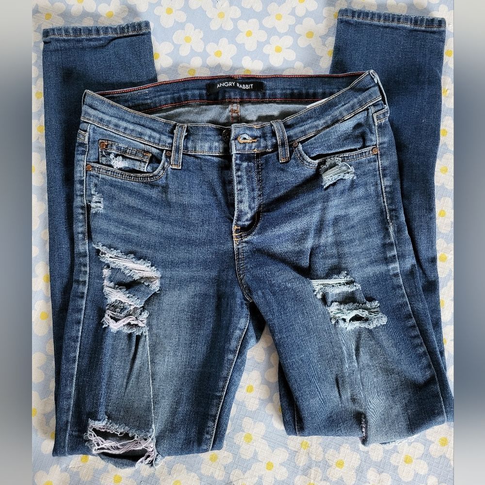 Angry Rabbit Women's 28/7 Distressed Blue Wash Skinny Jeans